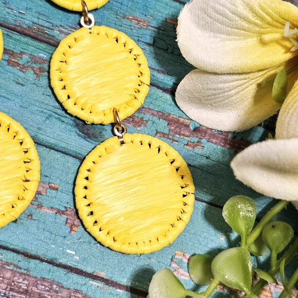 Earrings. Yellow Woven Raffia. Pierced. NWT. - Picture 4 of 5